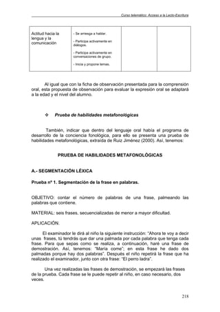 Curso telemático: Acceso a la Lecto-Escritura
218
Actitud hacia la
lengua y la
comunicación
- Se arriesga a hablar.
- Participa activamente en
diálogos.
- Participa activamente en
conversaciones de grupo.
- Inicia y propone temas.
Al igual que con la ficha de observación presentada para la comprensión
oral, esta propuesta de observación para evaluar la expresión oral se adaptará
a la edad y el nivel del alumno.
Prueba de habilidades metafonológicas
También, indicar que dentro del lenguaje oral había el programa de
desarrollo de la conciencia fonológica, para ello se presenta una prueba de
habilidades metafonológicas, extraída de Ruiz Jiménez (2000). Así, tenemos:
PRUEBA DE HABILIDADES METAFONOLÓGICAS
A.- SEGMENTACIÓN LÉXICA
Prueba nº 1. Segmentación de la frase en palabras.
OBJETIVO: contar el número de palabras de una frase, palmeando las
palabras que contiene.
MATERIAL: seis frases, secuencializadas de menor a mayor dificultad.
APLICACIÓN.
El examinador le dirá al niño la siguiente instrucción: “Ahora te voy a decir
unas frases, tú tendrás que dar una palmada por cada palabra que tenga cada
frase. Para que sepas como se realiza, a continuación, haré una frase de
demostración. Así, tenemos: “María come”; en esta frase he dado dos
palmadas porque hay dos palabras”. Después el niño repetirá la frase que ha
realizado el examinador, junto con otra frase: “El perro ladra”.
Una vez realizadas las frases de demostración, se empezará las frases
de la prueba. Cada frase se le puede repetir al niño, en caso necesario, dos
veces.
 