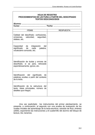Curso telemático: Acceso a la Lecto-Escritura
263
HOJA DE REGISTRO
PROCEDIMIENTOS DE LECTURA A PARTIR DEL DESCIFRADO
TEXTOS DESCONOCIDOS
Alumno: ……………………………………………………………………………….
Curso: …………………………………. Fecha: ……………………………………
ITEMS RESPUESTA
Calidad del descifrado: confusiones,
omisiones, velocidad, seguridad,
silabeo, etc.
Capacidad de integración del
significado de cada palabra,
vocabulario conocido, etc.
Identificación de dudas y errores de
descifrado; si se para, retrocede
espontáneamente, ignora, etc.
Identificación del significado de
palabras ocultas a partir del contexto
de lo leído.
Identificación de la estructura del
texto: ideas principales, número de
detalles que integra.
Una vez explicitado los instrumentos del primer planteamiento, se
presenta, a continuación, el segundo con una prueba de evaluación de los
niveles iniciales del aprendizaje de la lecto-escritura, extraído de Ruiz Jiménez
(2000), exponiendo las instrucciones y el cuadernillo del alumno del bloque de
lectura. Así, tenemos:
 