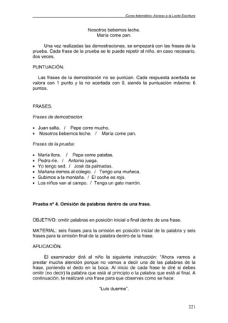 Curso telemático: Acceso a la Lecto-Escritura
221
Nosotros bebemos leche.
María come pan.
Una vez realizadas las demostraciones, se empezará con las frases de la
prueba. Cada frase de la prueba se le puede repetir al niño, en caso necesario,
dos veces.
PUNTUACIÓN.
Las frases de la demostración no se puntúan. Cada respuesta acertada se
valora con 1 punto y la no acertada con 0, siendo la puntuación máxima: 6
puntos.
FRASES.
Frases de demostración:
• Juan salta. / Pepe corre mucho.
• Nosotros bebemos leche. / María come pan.
Frases de la prueba:
• María llora. / Pepa come patatas.
• Pedro ríe. / Antonio juega.
• Yo tengo sed. / José da palmadas.
• Mañana iremos al colegio. / Tengo una muñeca.
• Subimos a la montaña. / El coche es rojo.
• Los niños van al campo. / Tengo un gato marrón.
Prueba nº 4. Omisión de palabras dentro de una frase.
OBJETIVO: omitir palabras en posición inicial o final dentro de una frase.
MATERIAL: seis frases para la omisión en posición inicial de la palabra y seis
frases para la omisión final de la palabra dentro de la frase.
APLICACIÓN.
El examinador dirá al niño la siguiente instrucción: “Ahora vamos a
prestar mucha atención porque no vamos a decir una de las palabras de la
frase, poniendo el dedo en la boca. Al inicio de cada frase te diré si debes
omitir (no decir) la palabra que está al principio o la palabra que está al final. A
continuación, te realizaré una frase para que observes como se hace:
“Luis duerme”.
 
