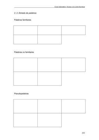 Curso telemático: Acceso a la Lecto-Escritura
293
2..3. Dictado de palabras
Palabras familiares
Palabras no familiares
Pseudopalabras
 