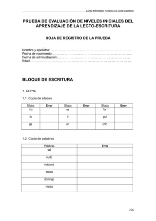 Curso telemático: Acceso a la Lecto-Escritura
296
PRUEBA DE EVALUACIÓN DE NIVELES INICIALES DEL
APRENDIZAJE DE LA LECTO-ESCRITURA
HOJA DE REGISTRO DE LA PRUEBA
Nombre y apellidos: … … … … … … … … … … … … … … … … … … …. …
Fecha de nacimiento: … … … … … … … … … … … … … … … … … … … ..
Fecha de administración: … … … … … … … … … … … … … … … … … …
Edad: … … … … … … … … … … … … … … … … … … … … … … … … …
BLOQUE DE ESCRITURA
1. COPIA
1.1. Copia de sílabas
Sílaba Error Sílaba Error Sílaba Error
mu es tor
fo il pul
ga un chin
1.2. Copia de palabras
Palabras Error
sal
nudo
máquina
estufa
domingo
hierba
 