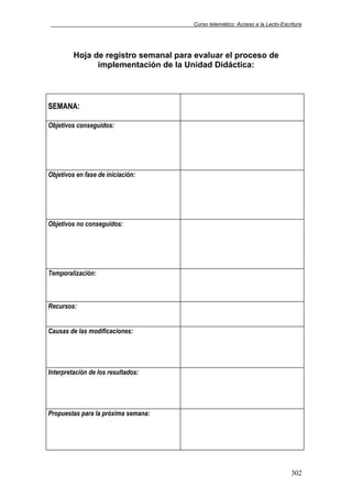 Curso telemático: Acceso a la Lecto-Escritura
302
Hoja de registro semanal para evaluar el proceso de
implementación de la Unidad Didáctica:
SEMANA:
Objetivos conseguidos:
Objetivos en fase de iniciación:
Objetivos no conseguidos:
Temporalización:
Recursos:
Causas de las modificaciones:
Interpretación de los resultados:
Propuestas para la próxima semana:
 