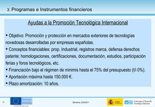 Ayudas a la Promoción Tecnológica Internacional Objetivo: Promoción y protección en mercados exteriores de tecnologías novedosas desarrolladas por empresas españolas. Conceptos financiables: prop. Industrial, registros marca, defensa derechos patente; homologaciones, certificaciones, documentación, estudios, participación ferias y foros tecnológicos, etc. Financiación bajo el régimen de minimis hasta el 75% del presupuesto (t/i 0%). Aportación máxima hasta 150.000 €. Plazo amortización: 10 años.  3.  Programas e Instrumentos financieros 