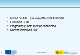 Misión del CDTI y nueva estructura funcional Evolución CDTI Programas e Instrumentos financieros Nuevas iniciativas 2011 