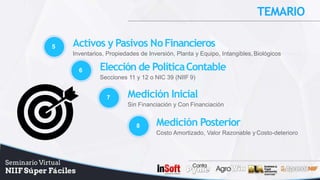 TEMARIO
5 Activos y Pasivos NoFinancieros
Inventarios, Propiedades de Inversión, Planta y Equipo, Intangibles, Biológicos
6 Elección de PolíticaContable
Secciones 11 y 12 o NIC 39 (NIIF 9)
7 Medición Inicial
Sin Financiación y Con Financiación
8 Medición Posterior
Costo Amortizado, Valor Razonable y Costo-deterioro
 