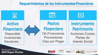 Requerimientos de los InstrumentosFinancieros
Activo
Financiero
Disponible
Inversiones
Deudores
Pasivo
Financiero
Ob.Financieras
Proveedores
Ctas por Pagar
Instrumento
Patrimonio
Acciones Cuotas
Partes de
Interés Social
 