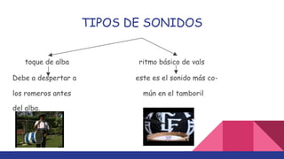 TIPOS DE SONIDOS
toque de alba ritmo básico de vals
Debe a despertar a este es el sonido más co-
los romeros antes mún en el tamboril
del alba.
 