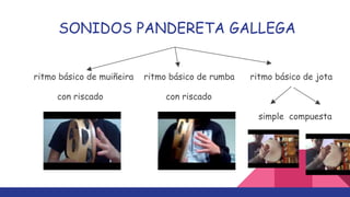 SONIDOS PANDERETA GALLEGA
ritmo básico de muiñeira ritmo básico de rumba ritmo básico de jota
con riscado con riscado
simple compuesta
 
