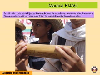 Maraca PIJAO Es utilizada por la etnia Pijao en  Colombia  para llamar a la serpiente cascabel. La maraca Pijao es un tarro (cilindro sin mango) fino de material vegetal lleno de semillas.  Afinación indeterminada  