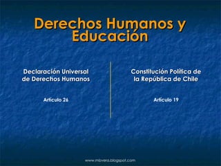 Derechos Humanos y Educación www.mbvera.blogspot.com Declaración Universal de Derechos Humanos Artículo 26 Constitución Política de la República de Chile Artículo 19 