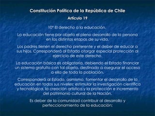 Constitución Política de la República de Chile Artículo 19 10º El derecho a la educación.  La educación tiene por objeto el pleno desarrollo de la persona en las distintas etapas de su vida. Los padres tienen el derecho preferente y el deber de educar a sus hijos. Corresponderá al Estado otorgar especial protección al ejercicio de este derecho. La educación básica es obligatoria, debiendo el Estado financiar un sistema gratuito con tal objeto, destinado a asegurar el acceso a ella de toda la población. Corresponderá al Estado, asimismo, fomentar el desarrollo de la educación en todos sus niveles; estimular la investigación científica y tecnológica, la creación artística y la protección e incremento del patrimonio cultural de la Nación. Es deber de la comunidad contribuir al desarrollo y perfeccionamiento de la educación; 