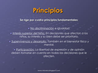 Principios
        Se rige por cuatro principios fundamentales:


              • No discriminación e igualdad.
• Interés superior del Niño: En decisiones que afectan a los
        niños, su interés y su bien debe ser prioritario.
• Supervivencia y desarrollo: También en el bienestar físico y
                           mental.
  • Participación: La libertad de expresión y de opinión
 deben tomarse en cuenta en todas las decisiones que le
                          afecten.




                      www.mbvera.blogspot.com
 