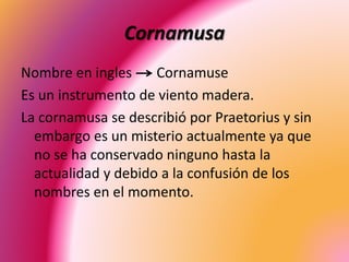 Cornamusa
Nombre en ingles Cornamuse
Es un instrumento de viento madera.
La cornamusa se describió por Praetorius y sin
embargo es un misterio actualmente ya que
no se ha conservado ninguno hasta la
actualidad y debido a la confusión de los
nombres en el momento.
 