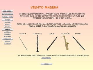 VIENTO MADERA
SE DICEN QUE PERTENECEN A LA FAMILIA DE LAS MADERAS LOS INSTRUMENTOS
MUSICALES CUYO SONIDO ES PRODUCIDO SOPLANDO DENTRO DE UN TUBO QUE
TRADICIONALMENTE ESTÁ HECHO CON MADERA.

ESTOS SON LOS INTRUMENTOS MÁS IMPORTANTES DE LA FAMILIA DE VIENTO MADERA
PINCHA SOBRE EL INSTRUMENTO QUE DESEES CONOCER

FLAUTA

CLARINETE

OBOE

SAXOFÓN

FAGOT

YA APRENDISTE TODO SOBRE LOS INSTRUMENTOS DE VIENTO MADERA…DEMUÉSTRALO

 