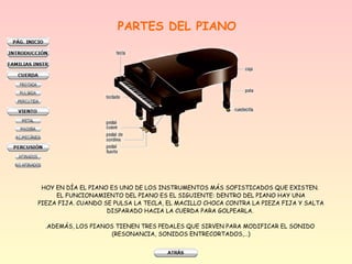 PARTES DEL PIANO

HOY EN DÍA EL PIANO ES UNO DE LOS INSTRUMENTOS MÁS SOFISTICADOS QUE EXISTEN.
EL FUNCIONAMIENTO DEL PIANO ES EL SIGUIENTE: DENTRO DEL PIANO HAY UNA
PIEZA FIJA. CUANDO SE PULSA LA TECLA, EL MACILLO CHOCA CONTRA LA PIEZA FIJA Y SALTA
DISPARADO HACIA LA CUERDA PARA GOLPEARLA.
.ADEMÁS, LOS PIANOS TIENEN TRES PEDALES QUE SIRVEN PARA MODIFICAR EL SONIDO
(RESONANCIA, SONIDOS ENTRECORTADOS,…)

 