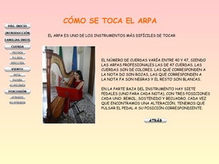 CÓMO SE TOCA EL ARPA
EL ARPA ES UNO DE LOS INSTRUMENTOS MÁS DIFÍCILES DE TOCAR
EL NÚMERO DE CUERDAS VARÍA ENTRE 40 Y 47, SIENDO
LAS ARPAS PROFESIONALES LAS DE 47 CUERDAS. LAS
CUERDAS SON DE COLORES. LAS QUE CORRESPONDEN A
LA NOTA DO SON ROJAS, LAS QUE CORRESPONDEN A
LA NOTA FA SON NEGRAS Y EL RESTO SON BLANCAS.
EN LA PARTE BAJA DEL INSTRUMENTO HAY SIETE
PEDALES (UNO PARA CADA NOTA), CON TRES POSICIONES
CADA UNO: BEMOL, SOSTENIDO Y BECUADRO. CADA VEZ
QUE ENCONTRAMOS UNA ALTERACIÓN, TENEMOS QUE
PULSAR EL PEDAL A SU POSICIÓN CORRESPONDIENTE.
 