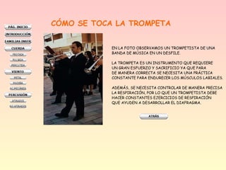 CÓMO SE TOCA LA TROMPETA
EN LA FOTO OBSERVAMOS UN TROMPETISTA DE UNA
BANDA DE MÚSICA EN UN DESFILE.
LA TROMPETA ES UN INSTRUMENTO QUE REQUIERE
UN GRAN ESFUERZO Y SACRIFICIO YA QUE PARA
DE MANERA CORRECTA SE NECESITA UNA PRÁCTICA
CONSTANTE PARA ENDURECER LOS MÚSCULOS LABIALES.
ADEMÁS, SE NECESITA CONTROLAR DE MANERA PRECISA
LA RESPIRACIÓN, POR LO QUE UN TROMPETISTA DEBE
HACER CONSTANTES EJERCICIOS DE RESPIRACIÓN
QUE AYUDEN A DESARROLLAR EL DIAFRAGMA.
 