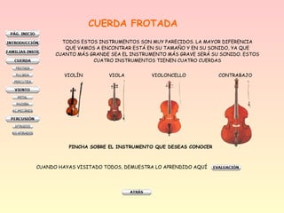 CUERDA FROTADA
TODOS ESTOS INSTRUMENTOS SON MUY PARECIDOS. LA MAYOR DIFERENCIA
QUE VAMOS A ENCONTRAR ESTÁ EN SU TAMAÑO Y EN SU SONIDO, YA QUE
CUANTO MÁS GRANDE SEA EL INSTRUMENTO MÁS GRAVE SERÁ SU SONIDO. ESTOS
CUATRO INSTRUMENTOS TIENEN CUATRO CUERDAS
VIOLÍN VIOLA VIOLONCELLO CONTRABAJO
PINCHA SOBRE EL INSTRUMENTO QUE DESEAS CONOCER
CUANDO HAYAS VISITADO TODOS, DEMUESTRA LO APRENDIDO AQUÍ
 