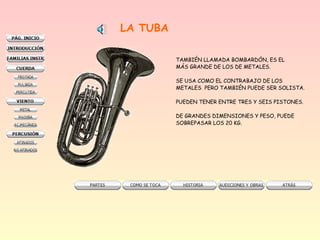 LA TUBA
TAMBIÉN LLAMADA BOMBARDÓN, ES EL
MÁS GRANDE DE LOS DE METALES.
SE USA COMO EL CONTRABAJO DE LOS
METALES PERO TAMBIÉN PUEDE SER SOLISTA.
PUEDEN TENER ENTRE TRES Y SEIS PISTONES.
DE GRANDES DIMENSIONES Y PESO, PUEDE
SOBREPASAR LOS 20 KG.
 