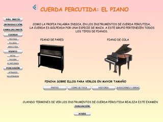 CUERDA PERCUTIDA: EL PIANO
COMO LA PROPIA PALABRA INDICA, EN LOS INSTRUMENTOS DE CUERDA PERCUTIDA,
LA CUERDA ES GOLPEADA POR UNA ESPECIE DE MAZA. A ESTE GRUPO PERTENECEN TODOS
LOS TIPOS DE PIANOS.
PIANO DE PARED PIANO DE COLA
PINCHA SOBRE ELLOS PARA VERLOS EN MAYOR TAMAÑO
CUANDO TERMINES DE VER LOS INSTRUMENTOS DE CUERDA PERCUTIDA REALIZA ESTE EXAMEN
 