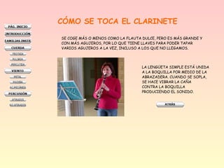 CÓMO SE TOCA EL CLARINETE
SE COGE MÁS O MENOS COMO LA FLAUTA DULCE, PERO ES MÁS GRANDE Y
CON MÁS AGUJEROS, POR LO QUE TIENE LLAVES PARA PODER TAPAR
VARIOS AGUJEROS A LA VEZ, INCLUSO A LOS QUE NO LLEGAMOS.
LA LENGÜETA SIMPLE ESTÁ UNIDA
A LA BOQUILLA POR MEDIO DE LA
ABRAZADERA. CUANDO SE SOPLA,
SE HACE VIBRAR LA CAÑA
CONTRA LA BOQUILLA
PRODUCIENDO EL SONIDO.
 