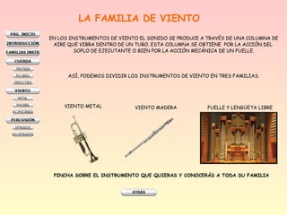 LA FAMILIA DE VIENTO
EN LOS INSTRUMENTOS DE VIENTO EL SONIDO SE PRODUCE A TRAVÉS DE UNA COLUMNA DE
AIRE QUE VIBRA DENTRO DE UN TUBO. ESTA COLUMNA SE OBTIENE POR LA ACCIÓN DEL
SOPLO DE EJECUTANTE O BIEN POR LA ACCIÓN MECÁNICA DE UN FUELLE.
ASÍ, PODEMOS DIVIDIR LOS INSTRUMENTOS DE VIENTO EN TRES FAMILIAS.
VIENTO METAL VIENTO MADERA FUELLE Y LENGÜETA LIBRE
PINCHA SOBRE EL INSTRUMENTO QUE QUIERAS Y CONOCERÁS A TODA SU FAMILIA
 