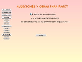 AUDICIONES Y OBRAS PARA FAGOT
PROKOFIEV: “PEDRO Y EL LOBO”
W. A. MOZART: CONCIERTO PARA FAGOT
VIVALDI: CONCIERTO EN MI MENOR PARA FAGOT Y ORQUESTA RV484
 