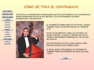 CÓMO SE TOCA EL CONTRABAJO FÍJATE EN LAS GRANDÍSIMAS DIMENSIONES DE ESTE INSTRUMENTO (LOS CONTRABAJOS MIDEN NORMALMENTE MÁS DE DOS METROS). ES UN INSTRUMENTO DE GRAN  ENVERGADURA Y DE GRAN PESO.  EL INTÉRPRETE NORMALMENTE ESTÁ DE PIE, AUNQUE  TAMBIÉN PUEDE TOCAR SENTADO EN UN TABURETE  ALTO.  ESTOS INSTRUMENTOS, COMO LOS VESTIDOS, SE  HACEN A MEDIDA, YA QUE EL TAMAÑO QUE VAYA A  TENER EL INSTRUMENTO DEPENDE DE LA ESTATURA DEL MÚSICO.  ESTE CONTRABAJO ES DE CUATRO CUERDAS, PERO  EXISTEN ALGUNOS QUE TIENEN CINCO.  AL IGUAL QUE EL VIOLONCELLO, EL CONTRABAJO  TAMBIÉN TIENE UNA PEQUEÑA PICA QUE SE LLAMA  “ TACO”.  