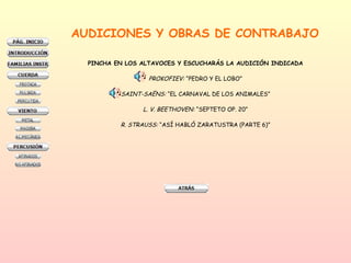 AUDICIONES Y OBRAS DE CONTRABAJO PINCHA EN LOS ALTAVOCES Y ESCUCHARÁS LA AUDICIÓN INDICADA PROKOFIEV:  “PEDRO Y EL LOBO” SAINT-SAËNS:  “EL CARNAVAL DE LOS ANIMALES” L. V. BEETHOVEN:  “SEPTETO OP. 20” R. STRAUSS:  “ASÍ HABLÓ ZARATUSTRA (PARTE 6)” 