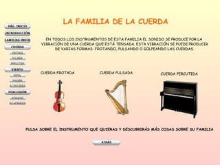 LA FAMILIA DE LA CUERDA EN TODOS LOS INSTRUMENTOS DE ESTA FAMILIA EL SONIDO SE PRODUCE POR LA  VIBRACIÓN DE UNA CUERDA QUE ESTÁ TENSADA. ESTA VIBRACIÓN SE PUEDE PRODUCIR DE VARIAS FORMAS: FROTANDO, PULSANDO O GOLPEANDO LAS CUERDAS. CUERDA FROTADA CUERDA PULSADA CUERDA PERCUTIDA PULSA SOBRE EL INSTRUMENTO QUE QUIERAS Y DESCUBRIRÁS MÁS COSAS SOBRE SU FAMILIA 
