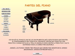 PARTES DEL PIANO HOY EN DÍA EL PIANO ES UNO DE LOS INSTRUMENTOS MÁS SOFISTICADOS QUE EXISTEN.  EL FUNCIONAMIENTO DEL PIANO ES EL SIGUIENTE: DENTRO DEL PIANO HAY UNA PIEZA FIJA. CUANDO SE PULSA LA TECLA, EL MACILLO CHOCA CONTRA LA PIEZA FIJA Y SALTA DISPARADO HACIA LA CUERDA PARA GOLPEARLA.  .ADEMÁS, LOS PIANOS TIENEN TRES PEDALES QUE SIRVEN PARA MODIFICAR EL SONIDO  (RESONANCIA, SONIDOS ENTRECORTADOS,…) 
