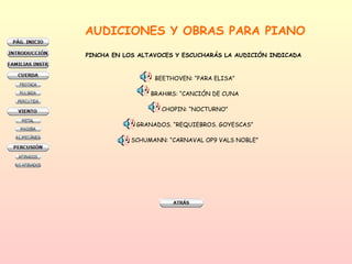 AUDICIONES Y OBRAS PARA PIANO PINCHA EN LOS ALTAVOCES Y ESCUCHARÁS LA AUDICIÓN INDICADA  BEETHOVEN: “PARA ELISA” BRAHMS: “CANCIÓN DE CUNA CHOPIN: “NOCTURNO” GRANADOS. “REQUIEBROS. GOYESCAS” SCHUMANN: “CARNAVAL OP9 VALS NOBLE” 