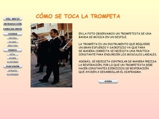 CÓMO SE TOCA LA TROMPETA EN LA FOTO OBSERVAMOS UN TROMPETISTA DE UNA  BANDA DE MÚSICA EN UN DESFILE. LA TROMPETA ES UN INSTRUMENTO QUE REQUIERE  UN GRAN ESFUERZO Y SACRIFICIO YA QUE PARA  DE MANERA CORRECTA SE NECESITA UNA PRÁCTICA  CONSTANTE PARA ENDURECER LOS MÚSCULOS LABIALES. ADEMÁS, SE NECESITA CONTROLAR DE MANERA PRECISA LA RESPIRACIÓN, POR LO QUE UN TROMPETISTA DEBE HACER CONSTANTES EJERCICIOS DE RESPIRACIÓN  QUE AYUDEN A DESARROLLAR EL DIAFRAGMA.  