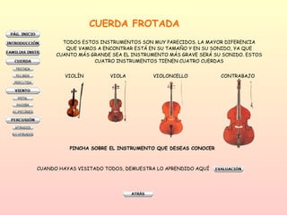 CUERDA FROTADA TODOS ESTOS INSTRUMENTOS SON MUY PARECIDOS. LA MAYOR DIFERENCIA  QUE VAMOS A ENCONTRAR ESTÁ EN SU TAMAÑO Y EN SU SONIDO, YA QUE  CUANTO MÁS GRANDE SEA EL INSTRUMENTO MÁS GRAVE SERÁ SU SONIDO. ESTOS  CUATRO INSTRUMENTOS TIENEN CUATRO CUERDAS  VIOLÍN VIOLA VIOLONCELLO CONTRABAJO PINCHA SOBRE EL INSTRUMENTO QUE DESEAS CONOCER CUANDO HAYAS VISITADO TODOS, DEMUESTRA LO APRENDIDO AQUÍ 