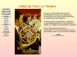 CÓMO SE TOCA LA TROMPA UNA DE LAS PECULIARIDADES DE ESTE  INSTRUMENTO ES QUE SE INTRODUCE LA  MANO DERECHA DEL EJECUTANTE DENTRO DE LA CAMPANA DEL INSTRUMENTO. LA MANO HACE LA FUNCIÓN DE LA SORDINA,  YA QUE DEPENDIENDO DE LA POSICIÓN DE LA  MISMA, EL TIMBRE DEL INSTRUMENTO VARIARÁ. CON LA OTRA MANO SE SUJETA EL  INSTRUMENTO Y SE ACCIONAN LAS VÁLVULAS QUE DARÁN LUGAR A LOS DISTINTOS SONIDOS.  