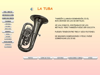LA TUBA TAMBIÉN LLAMADA BOMBARDÓN, ES EL  MÁS GRANDE DE LOS DE METALES. SE USA COMO EL CONTRABAJO DE LOS METALES  PERO TAMBIÉN PUEDE SER SOLISTA.  PUEDEN TENER ENTRE TRES Y SEIS PISTONES. DE GRANDES DIMENSIONES Y PESO, PUEDE  SOBREPASAR LOS 20 KG.  
