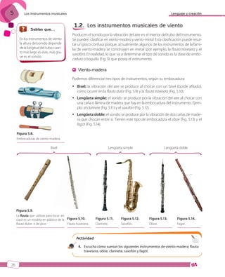 5

Lenguaje y creación

Los instrumentos musicales

1.2. Los instrumentos musicales de viento

Sabías que…

Producen el sonido por la vibración del aire en el interior del tubo del instrumento.
Se pueden clasificar en viento-madera y viento-metal. Esta clasificación puede resultar un poco confusa porque, actualmente, algunos de los instrumentos de la familia de viento-madera se construyen en metal (por ejemplo, la flauta travesera y el
saxofón). En realidad, lo que va a determinar el tipo de sonido es la clase de embocadura o boquilla (Fig. 9) que posea el instrumento.

En los instrumentos de viento
la altura del sonido depende
de la longitud del tubo; cuanto más largo es éste, más grave es el sonido.

Viento-madera
Podemos diferenciar tres tipos de instrumentos, según su embocadura:
 Bisel: la vibración del aire se produce al chocar con un bisel (borde afilado),
como ocurre en la flauta dulce (Fig. 5.9) y la flauta travesera (Fig. 5.10).
 Lengüeta simple: el sonido se produce por la vibración del aire al chocar con
una caña o lámina de madera que hay en la embocadura del instrumento. Ejemplo: el clarinete (Fig. 5.11) y el saxofón (Fig. 5.12).
 Lengüeta doble: el sonido se produce por la vibración de dos cañas de madera que chocan entre sí. Tienen este tipo de embocadura el oboe (Fig. 5.13) y el
fagot (Fig. 5.14).
Figura 5.8.
Embocaduras de viento-madera.

Lengüeta simple

Bisel

Lengüeta doble

Figura 5.9.
La flauta que utilizas para tocar en
clase es un modelo en plástico de la Figura 5.10.
flauta dulce o de pico.
Flauta travesera.

Figura 5.11.

Figura 5.12.

Figura 5.13.

Figura 5.14.

Clarinete.

Saxofón.

Oboe.

Fagot.

Actividad
9

4. Escucha cómo suenan los siguientes instrumentos de viento-madera: flauta
travesera, oboe, clarinete, saxofón y fagot.

26

ISBN_MUS_LA_1ESO_05.indd 26

13/12/10 5:54

 
