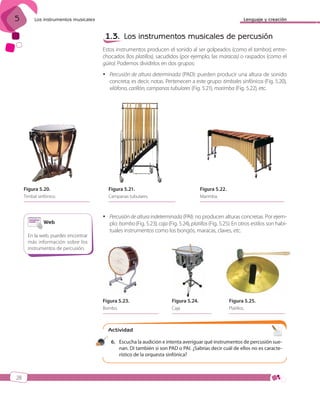 5

Lenguaje y creación

Los instrumentos musicales

1.3. Los instrumentos musicales de percusión
Estos instrumentos producen el sonido al ser golpeados (como el tambor), entrechocados (los platillos), sacudidos (por ejemplo, las maracas) o raspados (como el
güiro). Podemos dividirlos en dos grupos:
 Percusión de altura determinada (PAD): pueden producir una altura de sonido
concreta; es decir, notas. Pertenecen a este grupo: timbales sinfónicos (Fig. 5.20),
xilófono, carillón, campanas tubulares (Fig. 5.21), marimba (Fig. 5.22), etc.

Figura 5.20.

Figura 5.21.

Figura 5.22.

Timbal sinfónico.

Campanas tubulares.

Marimba.

 Percusión de altura indeterminada (PAI): no producen alturas concretas. Por ejemplo: bombo (Fig. 5.23), caja (Fig. 5.24), platillos (Fig. 5.25). En otros estilos son habituales instrumentos como los bongós, maracas, claves, etc.

Web
En la web, puedes encontrar
más información sobre los
instrumentos de percusión.

Figura 5.23.

Figura 5.24.

Figura 5.25.

Bombo.

Caja.

Platillos.

Actividad
11

6. Escucha la audición e intenta averiguar qué instrumentos de percusión suenan. Di también si son PAD o PAI. ¿Sabrías decir cuál de ellos no es característico de la orquesta sinfónica?

28

ISBN_MUS_LA_1ESO_05.indd 28

13/12/10 5:54

 