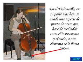 En el Violoncello, en
su parte más baja se
añade una especie de
punta de acero que
hace de mediador
entre el instrumento
y el suelo, a este
elemento se le llama
“Pica".
REGRESAR
 
