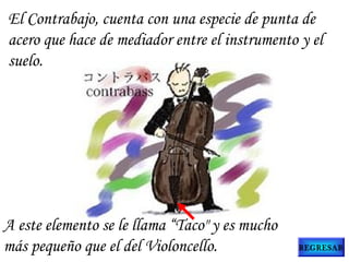 El Contrabajo, cuenta con una especie de punta de
acero que hace de mediador entre el instrumento y el
suelo.
A este elemento se le llama “Taco" y es mucho
más pequeño que el del Violoncello. REGRESAR
 