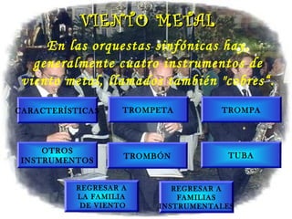 En las orquestas sinfónicas hay,
generalmente cuatro instrumentos de
viento metal, llamados también "cobres“.
VIENTO METALVIENTO METAL
CARACTERÍSTICAS TROMPETA TROMPA
TROMBÓN TUBA
OTROS
INSTRUMENTOS
REGRESAR A
LA FAMILIA
DE VIENTO
REGRESAR A
FAMILIAS
INSTRUMENTALES
 