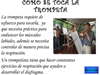 La trompeta requiere de
esfuerzo para tocarla,  ya
que necesita práctica para
endurecer los músculos
labiales, además se necesita
controlar de manera precisa
la respiración.
CÓMO SE TOCA LACÓMO SE TOCA LA
TROMPETATROMPETA
Un trompetista tiene que hacer constantes
ejercicios de respiración que ayuden a
desarrollar el diafragma.
REGRESAR
 