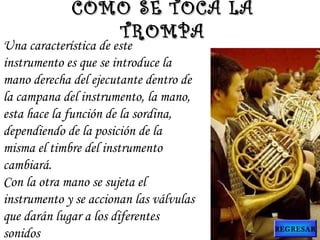 Una característica de este
instrumento es que se introduce la
mano derecha del ejecutante dentro de
la campana del instrumento, la mano,
esta hace la función de la sordina,
dependiendo de la posición de la
misma el timbre del instrumento
cambiará.
Con la otra mano se sujeta el
instrumento y se accionan las válvulas
que darán lugar a los diferentes
sonidos
CÓMO SE TOCA LACÓMO SE TOCA LA
TROMPATROMPA
REGRESAR
 