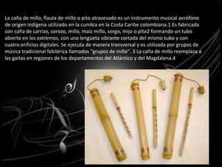 La caña de millo, flauta de millo o pito atravesado es un instrumento musical aerófono 
de origen indígena utilizado en la cumbia en la Costa Caribe colombiana.1 Es fabricada 
con caña de carrizo, corozo, millo, maíz millo, sorgo, mijo o pito2 formando un tubo 
abierto en los extremos, con una lengüeta vibrante cortada del mismo tubo y con 
cuatro orificios digitales. Se ejecuta de manera transversal y es utilizada por grupos de 
música tradicional folclórica llamados "grupos de millo". 3 La caña de millo reemplaza a 
las gaitas en regiones de los departamentos del Atlántico y del Magdalena.4 
 
