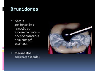 Brunidores

 Após a
  condensação e
  remoção do
  excesso do material
  deve-se proceder a
  brunidura pré-
  escultura.

 Movimentos
  circulares e rápidos.
 