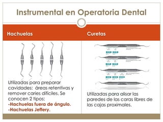 Instrumental en Operatoria Dental

Hachuelas                       Curetas




Utilizadas para preparar
cavidades: áreas retentivas y
remover caries difíciles. Se    Utilizadas para alisar las
conocen 2 tipos:                paredes de las caras libres de
-Hachuelas fuera de ángulo.     las cajas proximales.
-Hachuelas Jeffery.
 