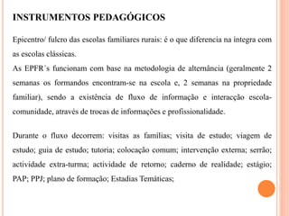 INSTRUMENTOS PEDAGÓGICOS
Epicentro/ fulcro das escolas familiares rurais: é o que diferencia na íntegra com
as escolas clássicas.
As EPFR´s funcionam com base na metodologia de alternância (geralmente 2
semanas os formandos encontram-se na escola e, 2 semanas na propriedade
familiar), sendo a existência de fluxo de informação e interacção escola-
comunidade, através de trocas de informações e profissionalidade.
Durante o fluxo decorrem: visitas as famílias; visita de estudo; viagem de
estudo; guia de estudo; tutoria; colocação comum; intervenção externa; serrão;
actividade extra-turma; actividade de retorno; caderno de realidade; estágio;
PAP; PPJ; plano de formação; Estadias Temáticas;
 