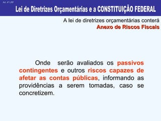 A lei de diretrizes orçamentárias conterá  Anexo de Riscos Fiscais Onde  serão avaliados os  passivos contingentes  e outros  riscos capazes de afetar as contas públicas , informando as providências a serem tomadas, caso se concretizem.           Art. 4º LRF Lei de Diretrizes Orçamentárias e a CONSTITUIÇÃO FEDERAL 