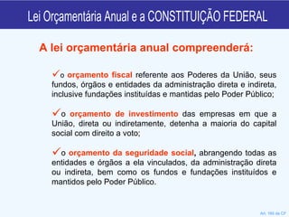 Lei Orçamentária Anual e a CONSTITUIÇÃO FEDERAL o  orçamento fiscal  referente aos Poderes da União, seus fundos, órgãos e entidades da administração direta e indireta, inclusive fundações instituídas e mantidas pelo Poder Público; o  orçamento de investimento  das empresas em que a União, direta ou indiretamente, detenha a maioria do capital social com direito a voto; o  orçamento da seguridade social ,  abrangendo todas as entidades e órgãos a ela vinculados, da administração direta ou indireta, bem como os fundos e fundações instituídos e mantidos pelo Poder Público. Art. 165 da CF A lei orçamentária anual compreenderá: 