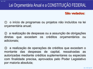 Lei Orçamentária Anual e a CONSTITUIÇÃO FEDERAL ①   o início de programas ou projetos não incluídos na lei orçamentária anual; ②  a realização de despesas ou a assunção de obrigações diretas que excedam os créditos orçamentários ou adicionais; ③   a realização de operações de créditos que excedam o montante das despesas de capital, ressalvadas as autorizadas mediante créditos suplementares ou especiais com finalidade precisa, aprovados pelo Poder Legislativo por maioria absoluta; São vedados: Art. 167. Art. 167 da CF 